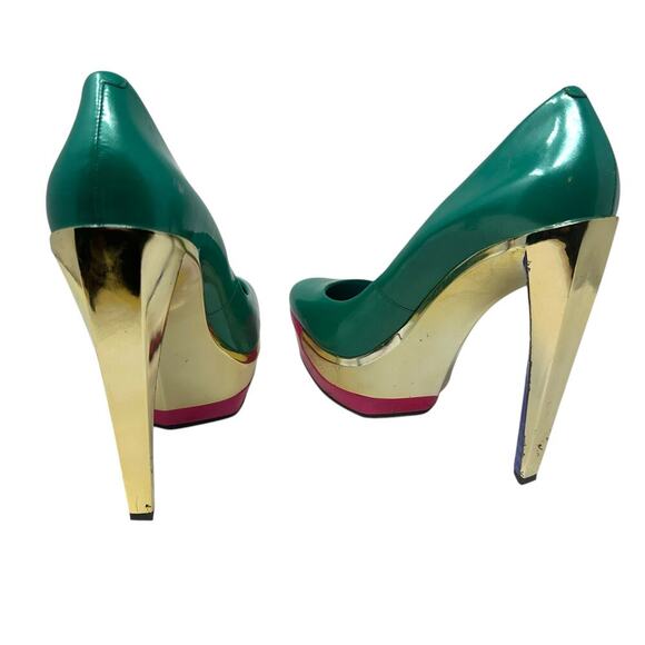 B Brian Atwood Leonida Turquoise Multi Platform Metal Gold Pump Heel Size US 10 - Picture 6 of 12